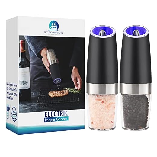 Gravity Electric Pepper and Salt Grinder Set, Battery Operated Pepper Mill with Blue LED Light, One Hand Operation, Flip to Grind, Adjustable Coarseness
