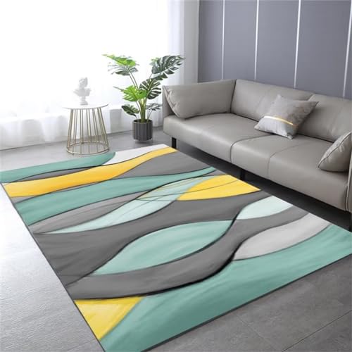 Tapis chambre lavable 140x180 cm bleu et jaune à motif abstrait moderne - 2