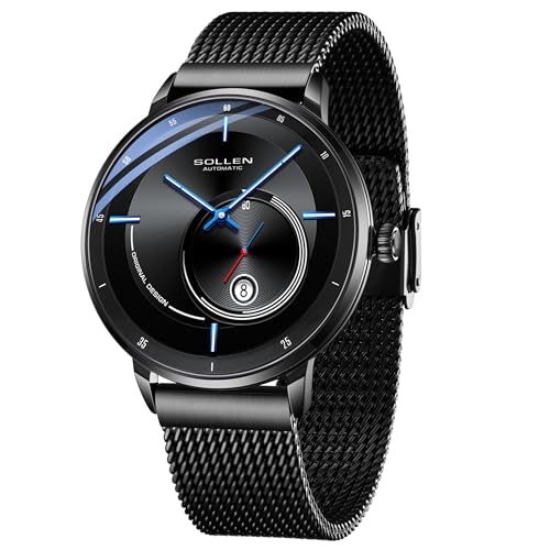 SOLLEN Montres automatiques Classiques pour Hommes,Montres automatiques pour Hommes avec Mouvement mécanique d'origine,Montres automatiques pour Hommes avec Calendrier et trotteuse(Pointeur Bleu)