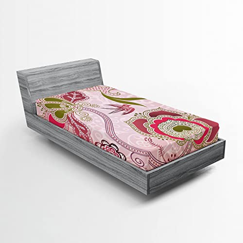 Ambesonne Ethnic 2 Pack Fitted Sheet, Swirl Leaf Lines Bohem, Bed Cover All-Round Elastic Deep Pockets 2 Pieces, Package Contains 2 Twin Size Fitted Sheets, Olive Green