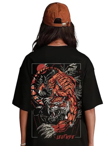 Image of LEOTUDE Women's Cotton Oversized Fit Short Sleeve with Round Neck, Oversized Longline Drop Shoulder, Back Printed T-Shirt