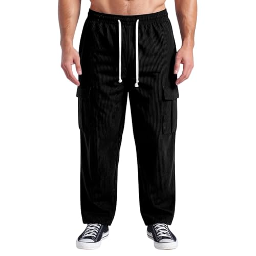 Men Corduroy Pants Baggy Casual Comfy Elastic Waist Cargo Sweatpants with Pockets Heavyweight Work Trouser