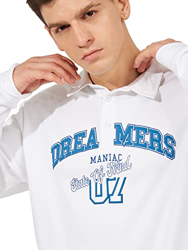 Image of Maniac Mens Printed Polo Neck Full Sleeve White and Blue Oversized Fit Cotton T-Shirt
