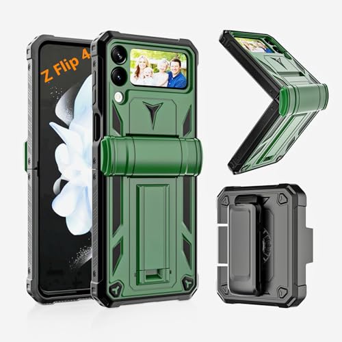 Kjsk TA-SAM Z FLIP4-GW30-GREEN Hinge Protection For Samsung Galaxy Z Flip 4 Rugged Case [Belt Clip Holster] [Built-In Kickstand] - Military Grade Heavy Duty Shockproof Protective Phone Cover cover