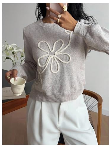 Image of RoseSeek Women's 3D Floral Appliques Crewneck Sweaters Long Sleeve Drop Shoulder Pullovers Elegant Knit Tops