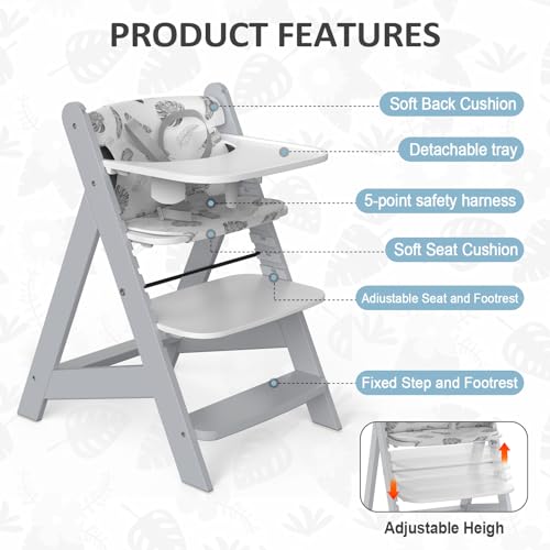 Image of Wooden High Chair with Tray, Adjustable High Chair for Babies Toddlers Adults, Convertible Baby Highchair, 5 Point Safety Harness & Soft Cushion, Removable Tray & Adjustable Footrest, Grey