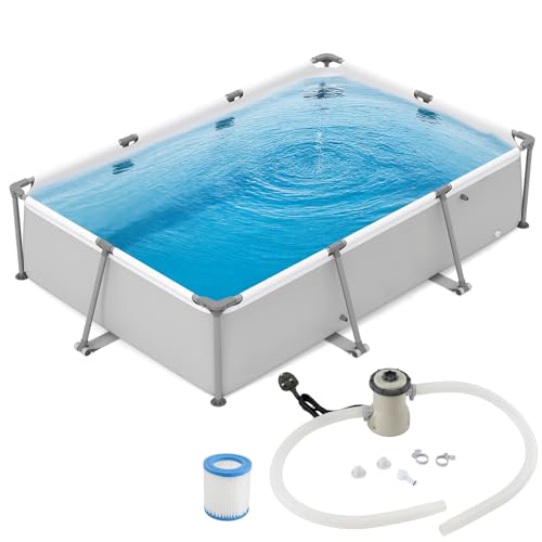 COSTWAY Above Ground Swimming Pool Outdoor Round/Rectangular Large Framed Pool Set Metal Frame Garden Family Pools for Kids and Adults (Gray 300 x 207 x 66 cm Rectangular)