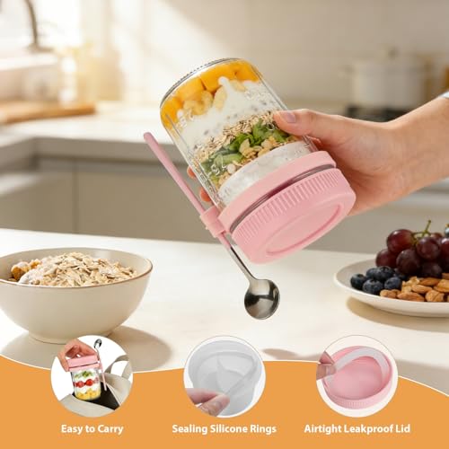 Image of Overnight Oats Containers with Lids and Spoons - 4 Pack 16 oz Glass Mason Jars with Separate Compartments Airtight Overnight Oat Jars Leakproof Yogurt Parfait Cup for Oatmeal Chia Pudding Cereal Salad