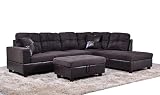 3-Piece Contemporary Sectional Sofa with Chaise and Storage Ottoman for Living Room Furniture | Faux Leather & Microfiber Upholstery | Removable High Density Memory Foam Cushions (EspressoRightFacing)