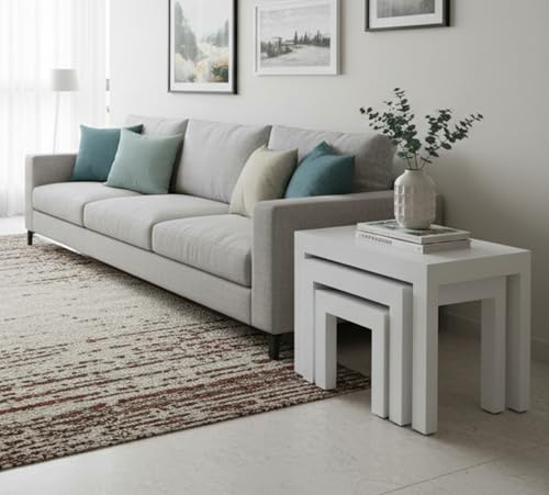 Image of Wooden Sheesham Wood Nesting Table Set of 3 Stools for Living Room | Side Table for Home & Kitchen | White Finish
