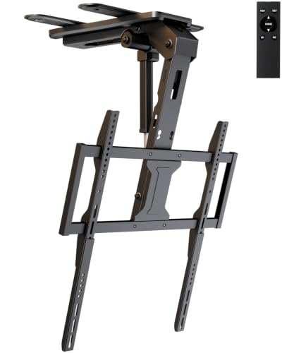 Image of Motorized Ceiling TV Mount with Remote for 37-75'' TVs, Flip Down, Black | Include VESA Extender, Sapcing Saving, Fits Flat and Pitched Roof, Electric Drop Down, Max VESA 600x400 mm, Max holds 99lbs