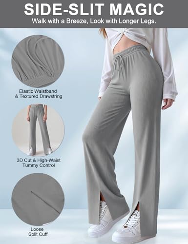 Image of Venzina Track Pants for Women Joggers Pants for Women Cool Touch High Waisted Wide Leg Summer Palazzo Pants with Side Slit Slimming Breathable for Yoga Workout Travel
