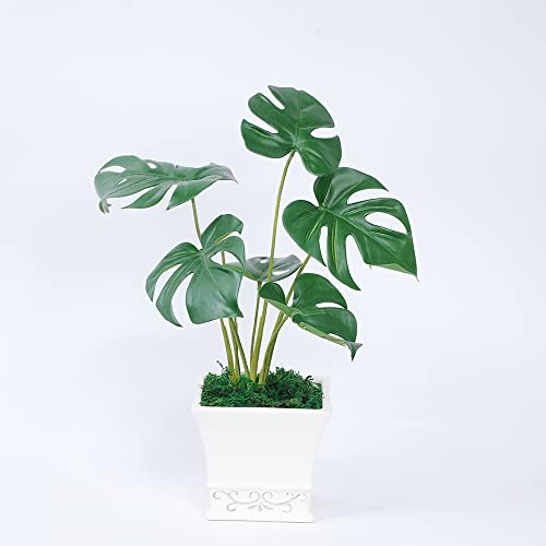 LNGO 15 inch 1 Piece 6 Brunches Faux Monstera Leaves Bonsai Artificial Greenry UV Resistant Bushes Shrubs Office Home Outdoor Decoration