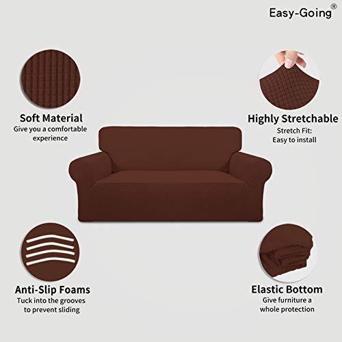 Image of Easy-Going Stretch Oversized Loveseat Slipcover 1-Piece Sofa Cover Furniture Protector Couch Soft with Elastic Bottom for Kids Polyester Spandex Jacquard Fabric Small Checks Coffee