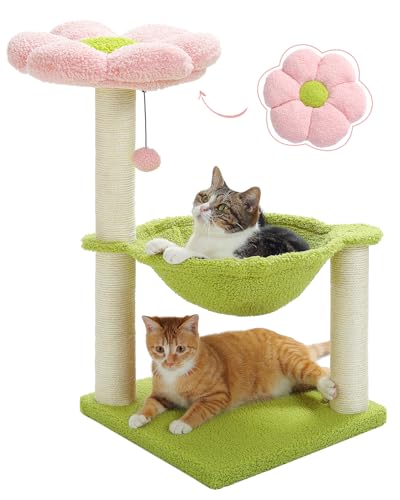 MUTTROS Flower Cat Tree 28 Cat Tower with Cozy Flower Perch Large Hammock for Indoor Small Cats Cute Cat Tree with Sisal Scratching Post and Fur Toy Ball for Kittens Pink