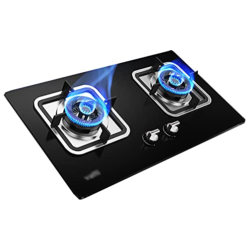 IFGSEQQQ Cocina de gas de vidrio templado negro de 4,1 kW, 2 quemadores integrados, placa de gas con soporte cuadrado para ollas y dispositivo de protección contra llamas, fácil de limpiar [Clase