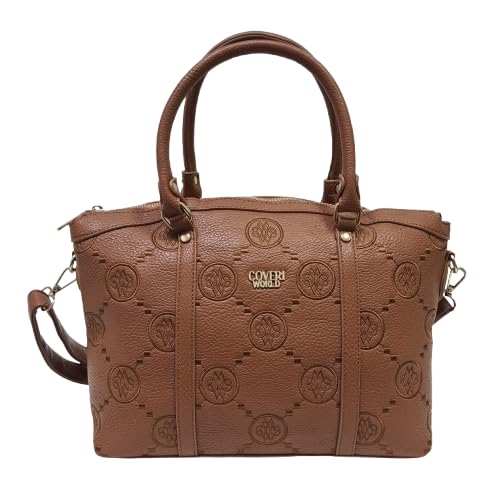 COVERI COLLECTION Bolso de mujer Tote de piel sintética, diseño con bordados con logotipo, asas dobles y correa ajustable, dimensiones 30 x 12 x 25 cm, con accesorios dorados Art. 2735, marrón