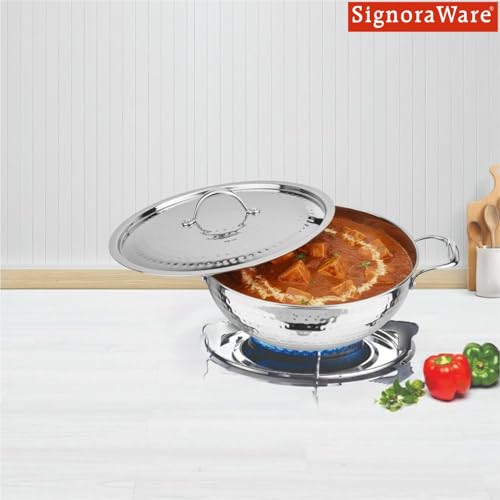Image of Signoraware Artista Tri Ply Stainless Steel Hammered Shallow Kadhai 26cm with Lid | Gas & Induction Compatible | Stylish Indian Kadhai for Healthy Meal | Ideal for Daily Cooking (4 LTR | Steel)