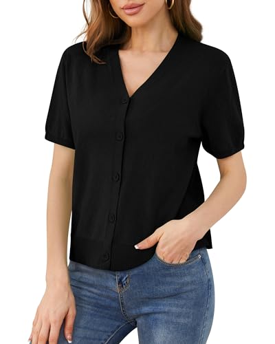 Viishow Women'S Short Sleeve Lightweight Open Front Knit Cardigan Sweater V Neck Crochet Button Down Shrugs Tops,Black,Small thumb #1