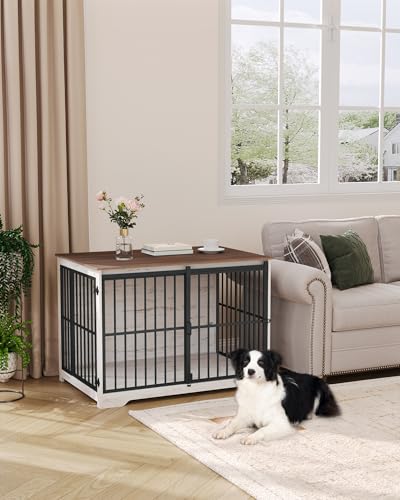 Hzuaneri 44.1" XL Dog Crate Furniture Indoor Dog Kennel with Barn Door | Wooden Dog Crates Furniture, Heavy Duty Dog Crate, Decorative Pet House End Side Table for Large Dogs, White Brown DFC80114B - Image 4