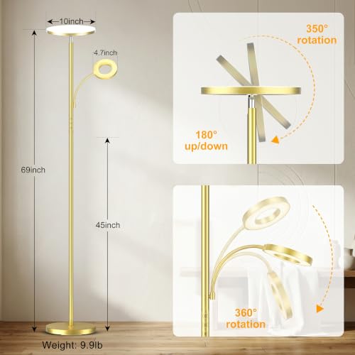 Image of marctronic Polished Gold Floor Lamp, 42W 4000LM Premium Brightness, Luxury Decor Finish & Smart Plug Compatible, Touch Control Dimmable Reading Lamp for Living Room