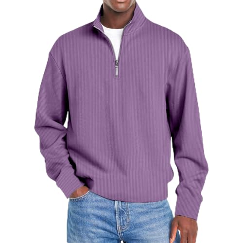 Mokaloha Mens Sweatshirt, Men's Stylish Quarter-Zip Corduroy Ribbed Polo Sweatshirt, Casual Stand Long Sleeve T-Shirt