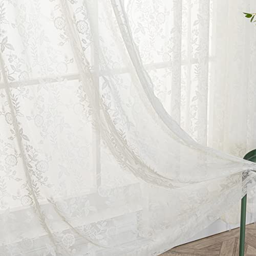 H.ebony Ivory Lace Curtains 63 Inch Length, Country Branch Leaf Scalloped Floral Lace Sheer Curtains For Bedroom, Privacy Vintage Lace Curtain Panels For Windows, 52 X 63 Inch, Light Beige, 1 Pair #TOP5