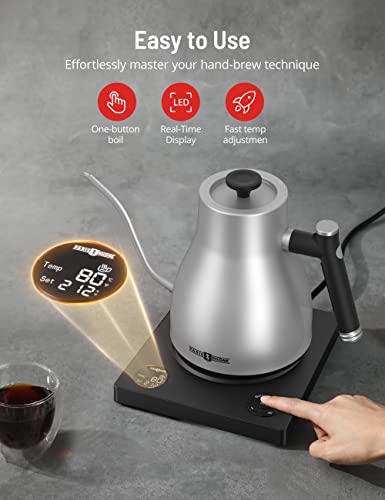Image of Paris Rhone Gooseneck Electric Kettle, Temperature Variable Tea Kettle for Coffee Tea Brewing, 1L Stainless Steel Electric Kettle, 2H Keep Warm, Built-in Stopwatch,Silvery