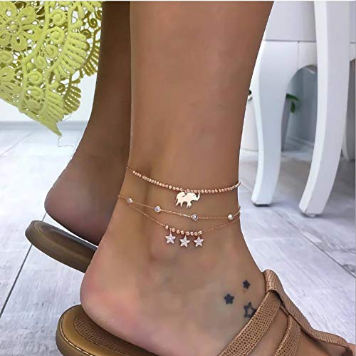 Preisvergleich Produktbild Ushiny Boho-Elefanten-Fußkettchen, mehrlagig, Strandstern, Fußschmuck, Fußkettchen, Kette, Accessoires für Frauen und Mädchen (Gold)