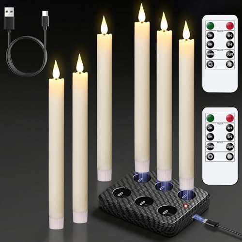 Image of GenSwin Rechargeable Flameless Taper Candles with Charging Base, 6 Pack LED Candles Battery Operated with Remote Timer, Real Wax Flameless Candlesticks for Halloween Christmas Decorations(Ivory)