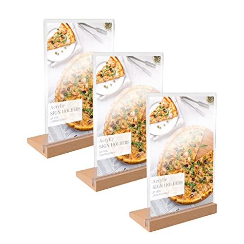 Lot de 3 supports de menu A5 en acrylique pour affiches et menus sur tables Base en bois, supports en acrylique A5 pour affichage Cover
