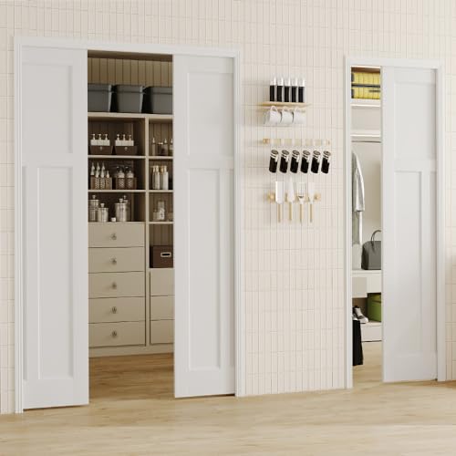 Image of Sliding Pocket Door, 60in.(Double 30 in.) x 80 in, T-Shaped Core with Frame and Hardware Kit Set, Interior Doors for Pocket Door, White Primed - No Panel Assembly Required