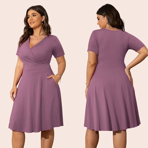 Image of POSESHE Womens Plus Size Dresses Summer Short Sleeve Wrap V-Neck Sundress Casual Wedding Guest Cocktail Dress with Pockets