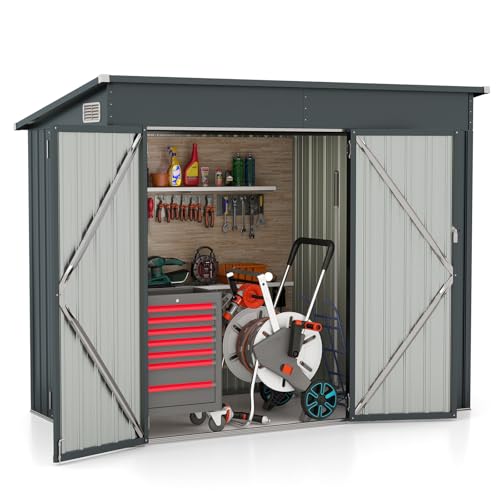 COSTWAY Gartenhaus Metall, 235 x 117 x 185 cm, Gerätehaus mit Vordertür & Seitentür & Pultdach, Geräteschuppen abschließbar, Gartenhütte Gartenschuppen, Garten Schuppen Outdoor (Dunkelgrau)
