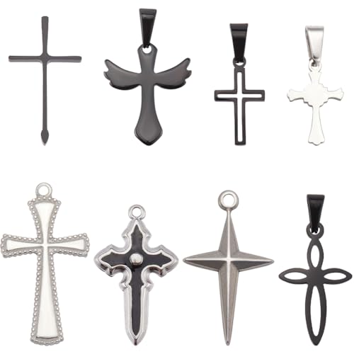 Breloques croix 8 styles de crucifix en métal noir argenté anti-ternissement