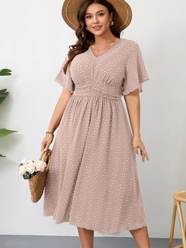 Image of RWJ Women's Plus Size Maxi Dress V Neck Short Sleeve Swiss Dot A Line High Waist Boho Swing Casual Summer Dresses