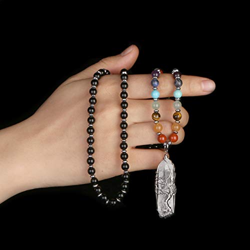 Jovivi Natural Black Obsidian 7 Chakras Healing Crystals Necklace Wire Wrapped Clear Quartz Tree Of Life Pendant Healing Pointed Reiki Energy Balancing #TOP2
