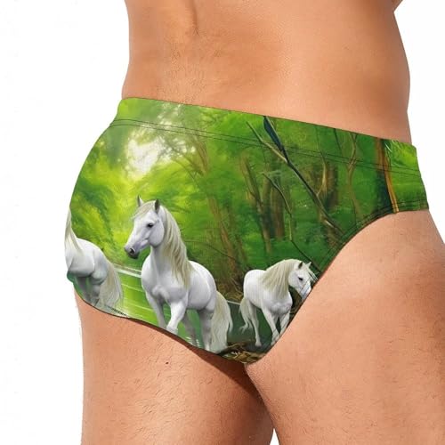 Three White Horses Green Forests Men's Swim Briefs Sexy Bikini Swimsuit Beach Shorts Underwear Low Waist3