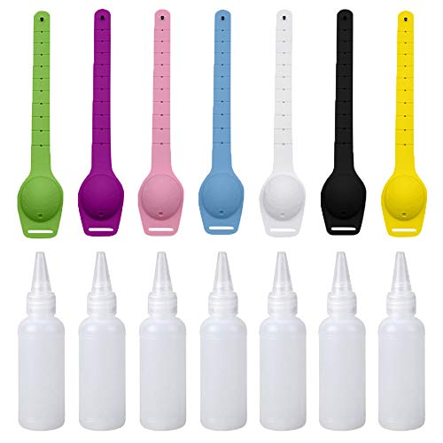 MISAZ 7 Pieces Liquid Wristband Hand Sanitizer Dispenser Silicone Refillable Wearable Dispenser with 7 Pieces Squeeze Bottle Travel Sanitizing Gel Holder for Hand Washing Adults Children Outdoor