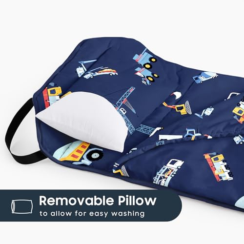 Image of Wake In Cloud - Cot Nap Mat with Pillow and Blanket, 100% Cotton Fabric, for Toddler Kids Boys Ages 3 Plus in Daycare Kindergarten Preschool with Elastic Corner Straps, Cars Cranes Trucks