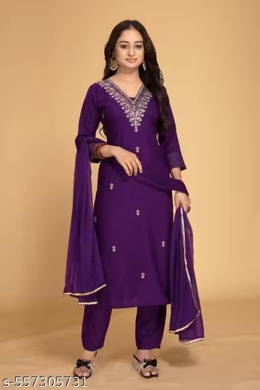 Image of Women's Cotton Blend Embroidered A-Line Kurta Set with Trousers and Silk Dupatta, Purple, Round Neck, 3 /4 Sleeve, Calf Length, Traditional Style
