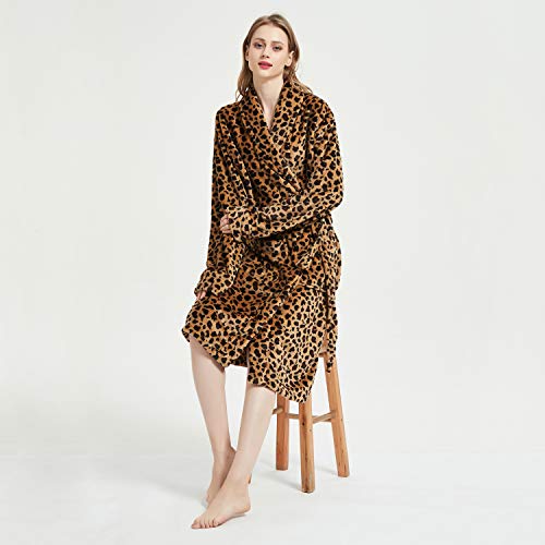 Merrylife Women Bathrobes Lounger Long Nightgown Adjustable Waist Belt Luxury Petite Robes (Cheetah, Large 10-14) #TOP3