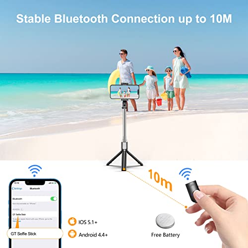 Gritin 3 in 1 Bluetooth Tripod, Extendable and Portable Selfie Stick with Detachable Wireless Remote & Stable Stand, Compatible with iPhone/Galaxy/Huawei, etc.