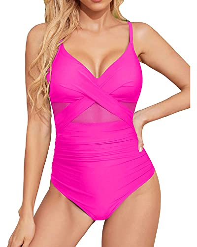 Tempt Me Hot Pink Women One Piece Tummy Control Swimsuits Push Up Bathing Suits Cutout Mesh Front Cross Swimwear Xl #TOP4