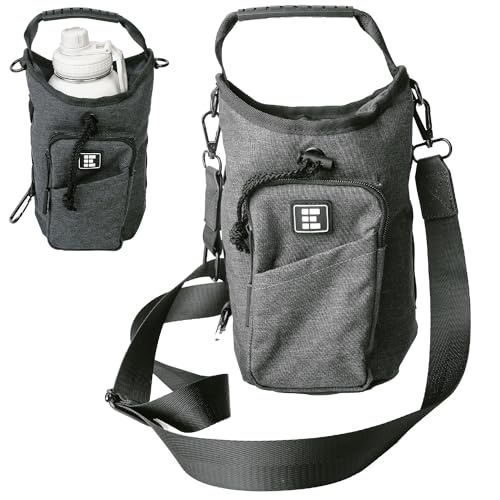 Zero Grid Insulated Water Bottle Carrier with RFID-Blocking Pocket for Personal Data, Electronics, and Phone - Fits 32 oz/1 L Bottles - Crossbody Bag with Adjustable Sling for Hiking and Travel - Grey