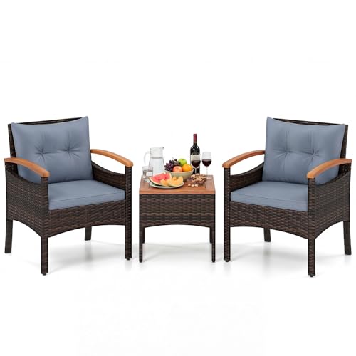 COSTWAY Conjunto Terraza 3 Piezas, Conjunto de Muebles Ratán de jardín, Mesa de Café, 2 Sillas de Ratón con Cojín Desmontable y Respaldo, Madera de Acacia para Patio, Piscina, Balcón (Gris)