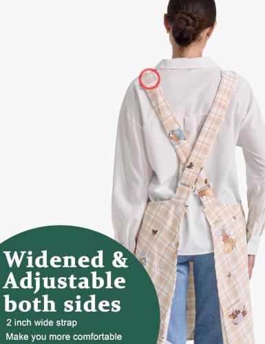 Image of Cozy Adjustable Cross Back Aprons for Women with Pockets Cotton Linen Cooking Kitchen Baking