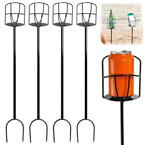 Cididu Set of 4 Drink Holder Stakes Metal Outdoor Beverage Holder Stakes Beer Cup Holders Portable Drink Stand for Camping Lawn Yard Beach Picnics Great for Bottles Cups and Cans Easy to Install