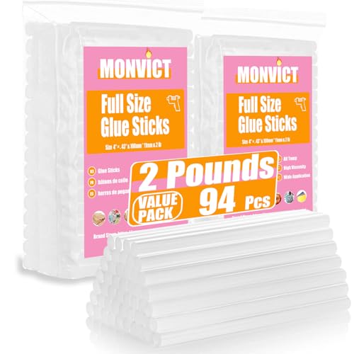 Image of MONVICT Full Size Clear Hot Glue Sticks - 2 LBS (94 Pcs) | 0.43 in. Diameter, 4 in. Length | High Adhesion | for Crafts, DIY Repairs | Fits All Standard Glue Guns