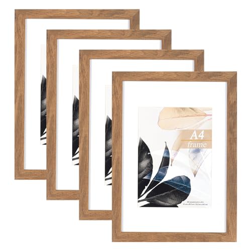 Image of Brown Wooden A4 Picture Frame with Mount,Set of 4,A4 Poster Frame,Freestanding and Wall Mountable